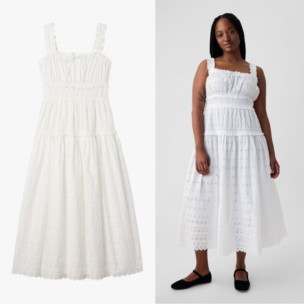 GAP x Doen • White Eyelet Midi Dress tiered ruffle smocked peasant cottagecore